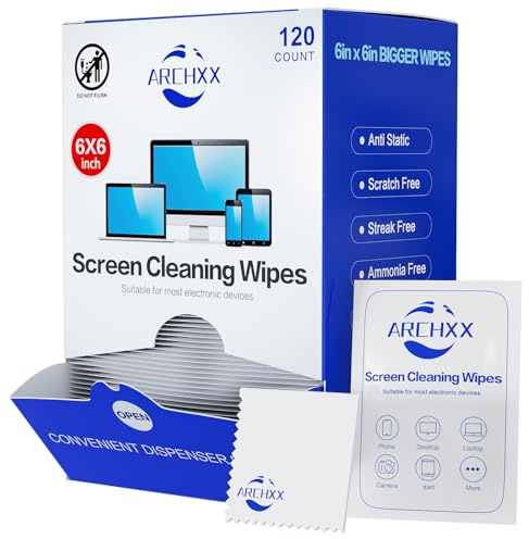 ARCHXX Screen Wipes for Electronics, 120 Count 6x6 Pre-Moistened Screen Cleaner for Screens, Computer,Laptop,Tablet,Phone,Monitor,Car Screen Cleaner, Lens Wipes Individually Wrapped