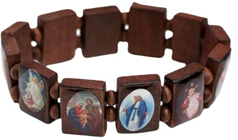 GAUEIOUR Wooden Rosary Jesus Bracelet Elastic Stretch Bangle Brown Beaded Stretchable Prayer Catholic with Images of Religious Saints Wristband Presents for Men and Women
