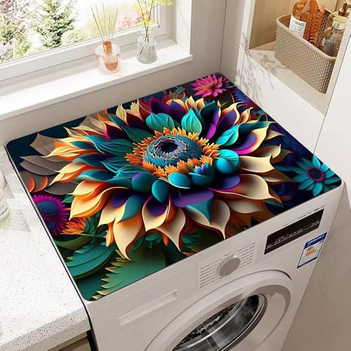Odot Tapis de Protection pour Dessus de Machine à Laver, Antidérapant Housse de Machine à Laver pour Sèche-Linge Buanderie Réfrigérateur Cuisine, Séchage Rapide (Lotus 3D,50x50cm)