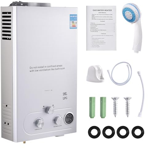 18 l gasgenomströmningsvärmare, 32 KW LPG propan varmvattenberedare varmvattenberedare superlåg 0,5 bar startvattentryck, för dusch och daglig användning campingutflykter silver