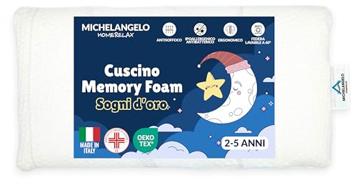 Michelangelo HomeRelax - Cuscino Bambino Memory Foam DISPOSITIVO MEDICO, 2 3 4 5 Anni, Antisoffoco per Lettino, 50x26 Made in Italy, OEKO-TEX, Ipoallergenico Anallergico Antiacaro, da Viaggio Culla