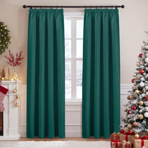 PONY DANCE Blackout Pencil Pleat Curtains, Dark Green, W46 x L84, 2 Panels | Thermal Insulated Curtains with Noise Reducing & Privacy, Luxury Soft Window Treatment for Bedroom & Living Room