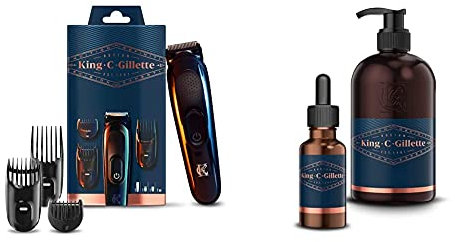 King C. Gillette Kit Regolabarba Uomo, Tagliacapelli Senza Fili + Lame Affilate Di Lunga Durata & Set Regalo Per Cura Della Barba Uomo, Detergente Barba E Viso Con Acqua Di Cocco
