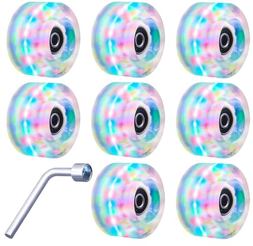 Uonlytech Light up Roller Skate Wheels 8 Pack Led Skateboard Wheels with Wrench Glowing Skating Accessories for Outdoor Streets Sidewalks Rough Surfaces