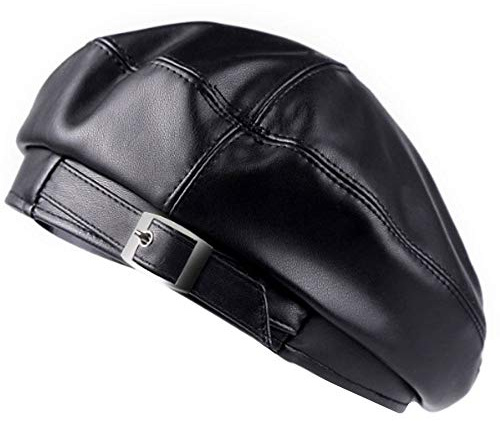 MEGAUK Women Faux Leather Beret Hat Casual Artist Hat Soild Color Cap for Ladies Black
