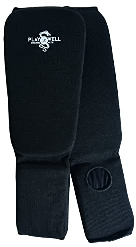 Martial Arts Elasticated Cotton Slip On Shin Instep Protectors Black (Small)