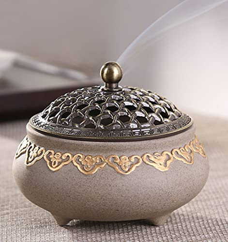 Vintage Keramik Räuchergefäß Weihrauchbrenner Räucherstäbchenhalter Halter Rund Chinesisch Porzellan Räucherschale mit Metall Deckel und Feuerfeste für Home Wohnzimmer Meditationsraum Office