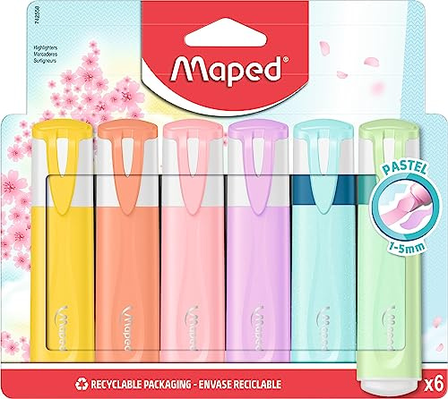 Maped - 6 Surligneurs Fluo'Peps Pastel + Glitter - Pointe Biseautée - Surligneurs Longue Durée - Usage Scolaire et Professionnel - 4 Surligneurs Pastel + 2 Surligneurs à Paillettes