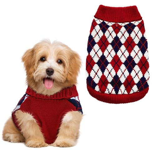 Dog Sweaters for Small Dogs,Christmas Argyle Winter Xmas Pet Clothes, Pet Shirts for Kitten Puppy,Red Boys Girls Winter Knitwear Warm Clothes Medium