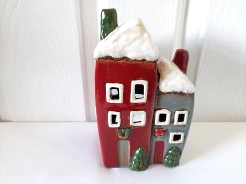 Christmas Two House Tall Cottages Tea Light Holder Red Grey Village Pottery