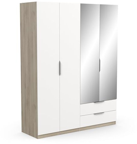 Demeyere Armoire Dressing Avec Miroirs & Penderie Moderne 4 Portes 5 Etagères 2 Tiroirs – Coloris Chêne Kronberg & Blanc Mat - 157,3 x 51,1 x 203 cm