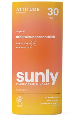 ATTITUDE Mineral Sunscreen Stick with Zinc Oxide, SPF 30, EWG Verified, Plastic-Free, Broad Spectrum UVA/UVB Protection, Dermatologically Tested, Vegan, Tropical, 60 g