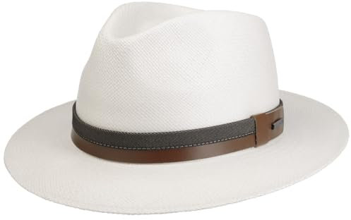 Stetson Sombrero Panamá Vermaron Traveller Hombre - Made in Ecuador de Sol Verano Paja con Banda Piel, Piel Primavera/Verano - S (54-55 cm) Blanco