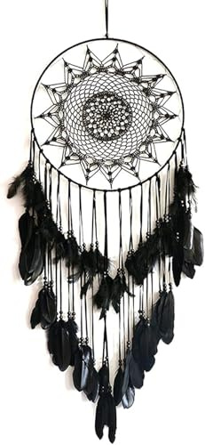 Atrapasueños de Plumas Negras Hecho a Mano, Grande, 40 x 105 cm, decoración del hogar for Colgar en la Pared for Dormitorio, Sala de Estar, Boda, Estilo Bohemio, Adorno Interior Moderno