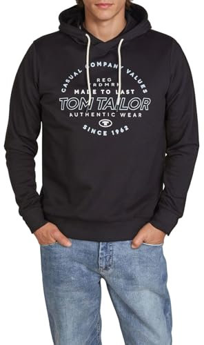 TOM TAILOR Hoodie Herren Regular Fit Kapuzenpullover Pullover Print Schwarz,Größe:L, Farbe:Almost Black (10916)