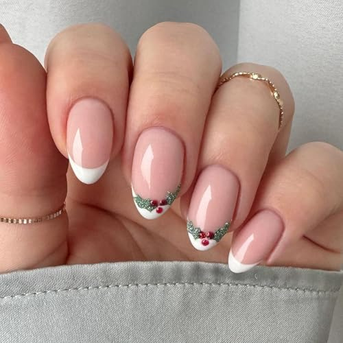 Ceboic Christmas Press on Nails Almond Short, 30PCS French White Tip False Nails with Cute Xmas Elk Design, Acrylic Full Cover Fake Nails Kit, Winter Natural Stick on Nails for Women and Girls