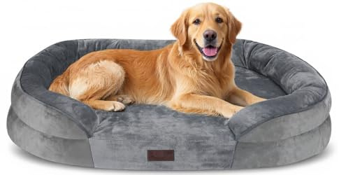 Enjamoy Dog Sofa Bed Extra Large, Washable Orthopedic Dog Beds with Removable Flannel Cover, XL Waterproof Pet Couch Bed with Egg Foam Support Grey 106x76x18cm