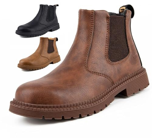 Bottes à embout d'acier for femmes et hommes, baskets de sécurité légères et imperméables à enfiler, baskets de sécurité confortables for le travail dans l'industrie et la construction(Brown,39 EU)