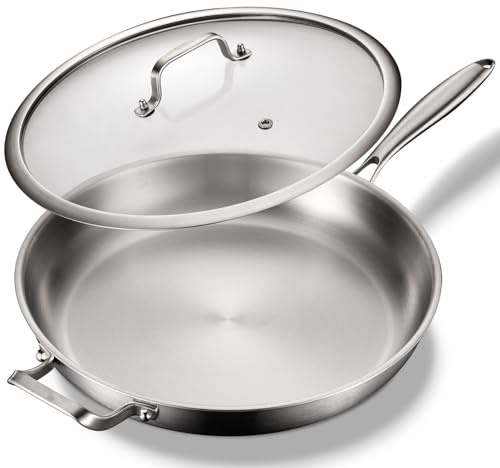 DELARLO Tri-Ply Stainless Steel Pan, 18/10 Frying Pan, Oven Safe Up to 600°F, Nontoxic Cookware, Compatible with All Cooktops Skillet, Durable, Fast Even Heat Fry Pan,Large 14.2 Inch Frying Pan