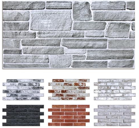 Commomy 12 Piezas Paneles de Pared de Ladrillo 3D, 58 x 30 cm, PVC Paneles Decorativos para Pared, Impermeable, Autoadhesivo, Revestimiento de Paredes para Sala, Dormitorio, Cocina (Gray Stone)