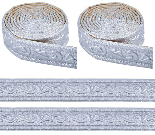 CRASPIRE 180x2in Silver Gray Foam Molding Trim Crown 3D Floral Peel and Stick Self Adhesive Flexible Sticky Edging Lines Baseboard Wall Skirting Stickers for Wallpaper Mirror Ceiling Hotel DIY Decor