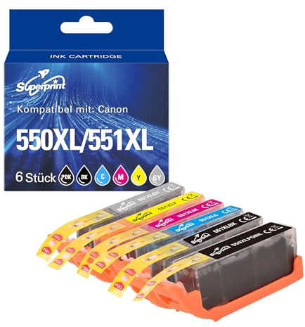 Superprint 550 551 XL Patronen Kompatibel für Canon PGI-550 CLI-551 Ink Cartridges für PIXMA MG5450 5550 5650 6350 6450 6650 7150 7550 MX725 MX925 iP7250 iP8750 iX6850 (Große, 6er-Pack, Mit-chip)