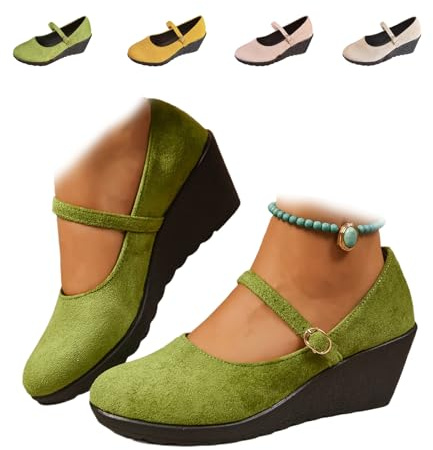 Zapatos Mary Jane de tacón de cuña para mujer, zapatos de cuña de bailarina de punta redonda para damas, de ante suave, elegantes, zapatos de ballet para vestir, trabajo diario, Green, 38 EU