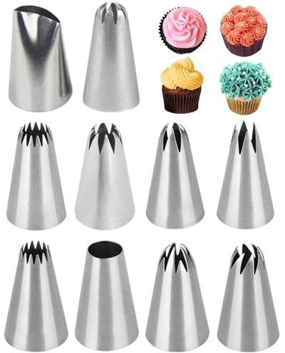 WINXMIN Set di 10 Beccucci per Sac a Poche Professionali Riutilizzabile,Per Decorare Cupcakes, Torte, Zeppole, Biscotti, Churros e Pasticceria con Bocchette Decorative Inox Prodotte in Corea