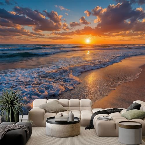 Genérico Fotomurales Natural Realista Costero Playa, 200 x 140 cm (An x Al) Papel Pintado No Tejido - Naranja Papel Tapiz para la Decoración del hogar en Salon y Cocina