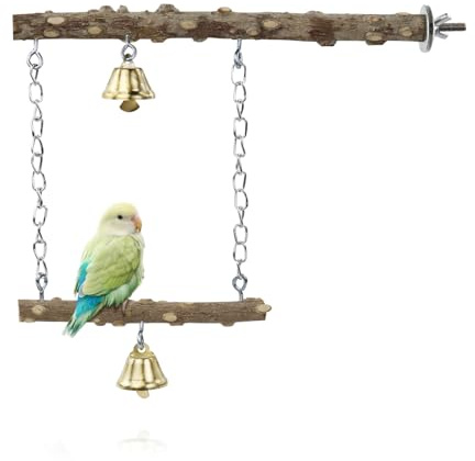 LuckyOpt Perchoirs pour cages, balançoires en bois naturel pour oiseaux, support pour perroquets avec cloche, jouet debout suspendu pour perruches, inséparables, calopsittes et perruches (M)
