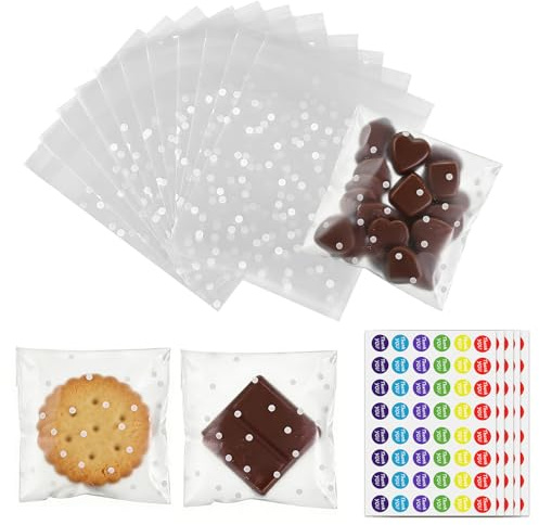 200Pcs Cellophane Bags, 10×10cm Self Seal Sweet Bag with 240 Stickers