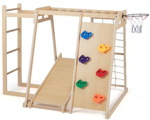 Maxmass 6 in 1 Kids Climbing Frame, Wooden Toddler Jungle Gym Playset with Rope Net, Slide, Monkey Bar, Basketball Hoop, Indoor Children Climbing Set Montessori Climber for 3-14 Years Old (Natural)