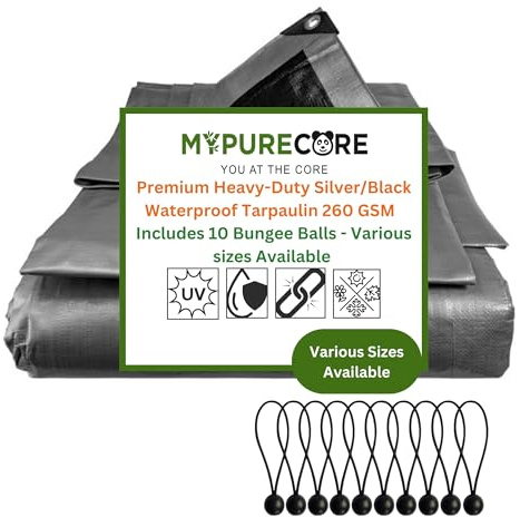 MYPURECORE Heavy-Duty Tarpaulin 260 GSM with 10 Bungee Balls – Waterproof, UV & Frost-Resistant Tarp – Silver/Black Reversible Cover for Camping, Garden, Gazebo, Trailer & Outdoor Use (3m x 4m)