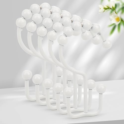 Resze Shower Curtain Hooks, Metal Double Shower Curtain Rings, 12 Pcs Glide Roller Shower Hooks, Rust-Resistant Anti-Drop Shower Rings, Smooth Sliding Hooks for Bathroom Shower Rods Curtains（White）