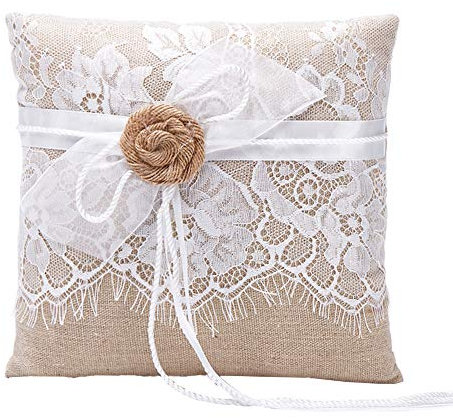 Amajoy Vintage Hochzeit Ringkissen Sackleinen Jute Spitze Blumen 19cmx 19cm