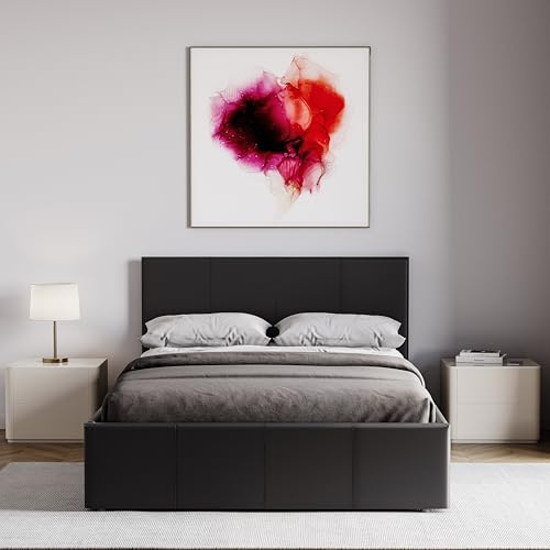 Vida Designs Lisbon Small Double Ottoman Bed Frame | Black | 87 H x 128 W x 200 D cm | Faux Leather | Padded Headboard | Low Foot End | Gas Lift | Large Storage | UKFR | Modern Bedroom Furniture