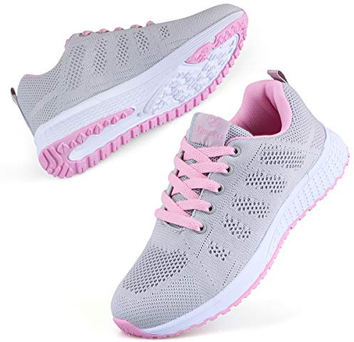 Youecci Womens Sneakers Lightweight Ladies Indoor Outdoor Cross Trainers Casual Lace Up Shoes Fitness Sport Walking Running Shoes Grey Pink 6, Manufacturer Size 39