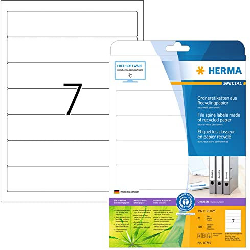 HERMA 10745 Recycling Ordnerrücken Etiketten kurz schmal, 20 Blatt, 192 x 38 mm, 7 pro A4 Bogen, 140 Stück, selbstklebend, bedruckbar, blickdicht, Ordneretiketten Rückenschilder Aufkleber, natur-weiß
