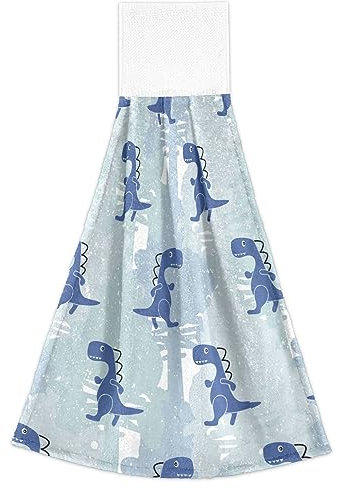 FRODOTGV Handtücher mit Aufhängeschlaufen Set mit 2 Waschlappen und Handtüchern, Dino Blue Color Boy Geschirrtücher, Weiß