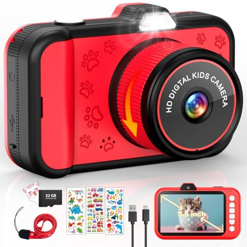 Kinderkamera | 3,5 Zoll großer Bildschirm | 360° drehbares Zoomobjektiv | 1080P HD Kamera für Kinder mit Selfie | LED-Blitz | SD-Karte 32G | Geschenk für Mädchen und Jungen 3 4 5 6 7 8 9 10 11 12