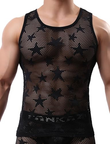 Panegy Débardeur en Maille Homme Transparent Gilet sans Manches Homme Haut Filet Respirant Sexy pour Clubwear Bal Noir M