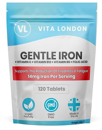 Iron Tablets | Gentle Iron Supplements for Women & Men | 120 High Strength Tablets 14mg | Added Vitamin C, B12, B6 + Folic Acid | UK Made, Vegan