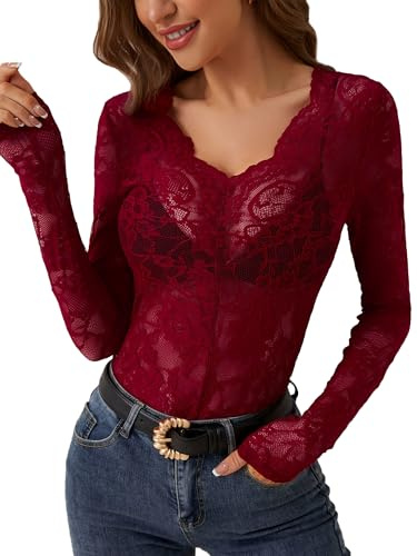 AIEOE Donne Tops Maniche Lunghe V- Scollo Pizzo Clubwear Top Pizzo Trasparente Camicia Tunica Floreale Taglia S Rosso