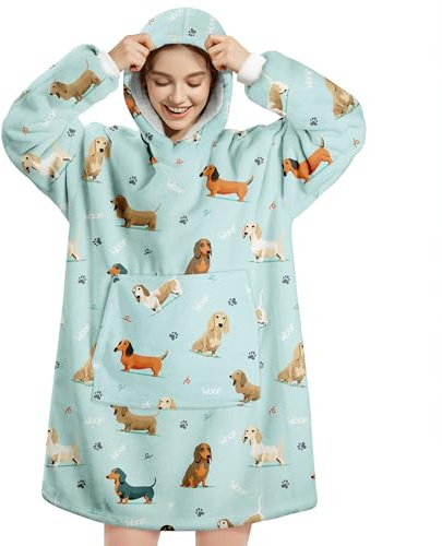 Queenshin Sudadera Manta con Capucha y Bolsillo Batamanta Mujer Hombre Dachshund Azul, Oversize Hoodie Poncho Sherpa Suave y Acogedora, Talla Única