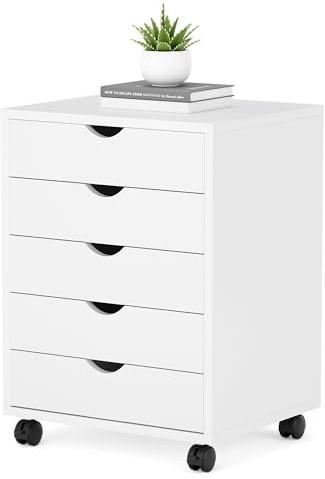 5 Drawer Mobile File Cabinet Under Desk Storage Organization with Wheels Vertical Filing Chest Rolling Wood Small Desk Printer Stand for Home Office, White