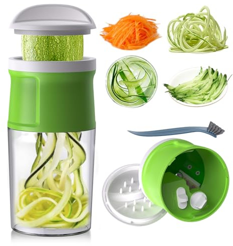 Spiralschneider Gemüse mit Behälter- 4 in 1 zucchini spiralschneider Gemüseschneider Spaghetti Gemüsehobel für Gemüsespaghetti,Zucchini,Möhren,Zwiebeln,Karotten, Kartoffeln (Grün)