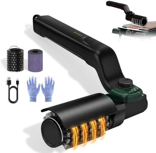 Spazzola Elettrica per Barbecue con Braccio a 180°, 2 Testine, Ricaricabile Senza Fili – Pulisce Griglia Bbq Elettrico con Paraspruzzi – Grill Brush Elettrico per Cucina e Barbecue