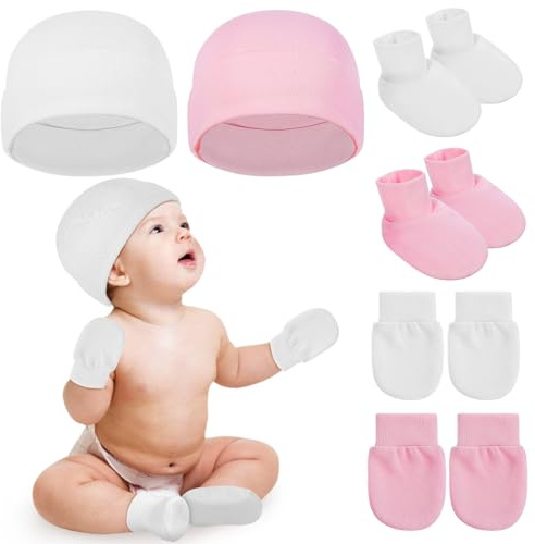 Ciieeo Gorro Bebe Recien Nacido Conjunto 2 Juegos Manoplas y Pies de Algodón para Recién Nacidos Niñas y Niños, Tela Cómoda y Abrigo Completo para Newborn Essentials