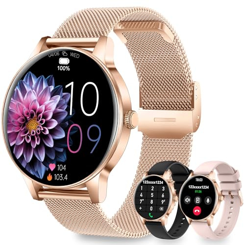 Fitdafit Montre Connectée Femme avec Appel Bluetooth, 1.27 HD Rond | Montre Sport pour iOS Android, Fréquence, Cardiaque, Sommeil, SpO2, 110+ Sportifs, IP68 étanche, 3 Bracelets, Or rose
