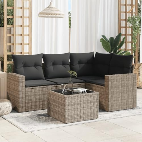 Ziaphsol Salon de Jardin modulable 5 pièces en résine tressée Grise avec Coussins Gris foncé, Rangement intégré, Verre trempé, Fauteuil Angle, Banquette terrasse Patio extérieur Lounge